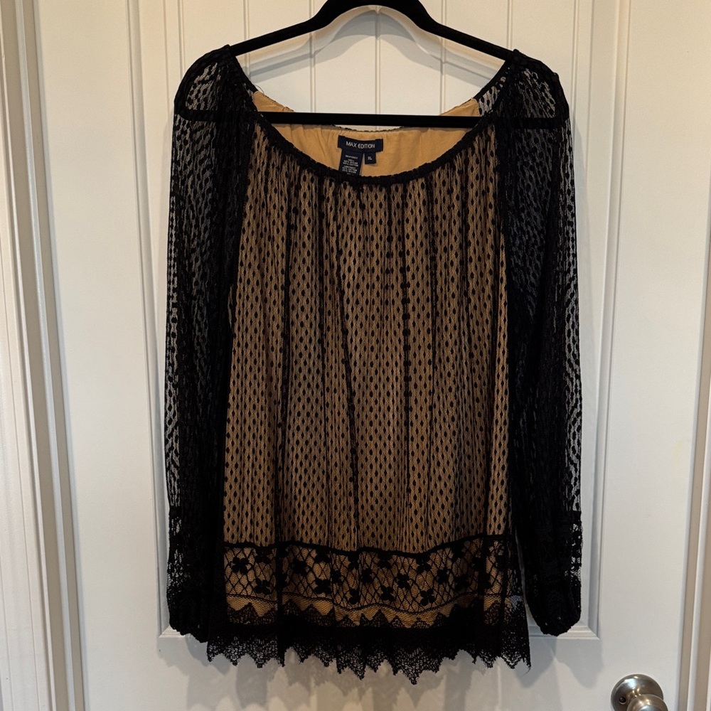 Max Edition Black Lace Blouse with Tan Lining